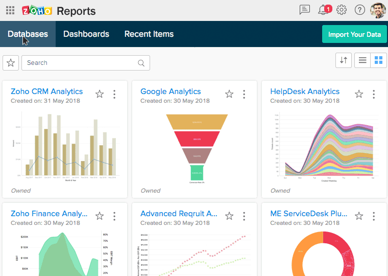 Video clip of Zoho Reports Database, Dashboard and Recent Items view.